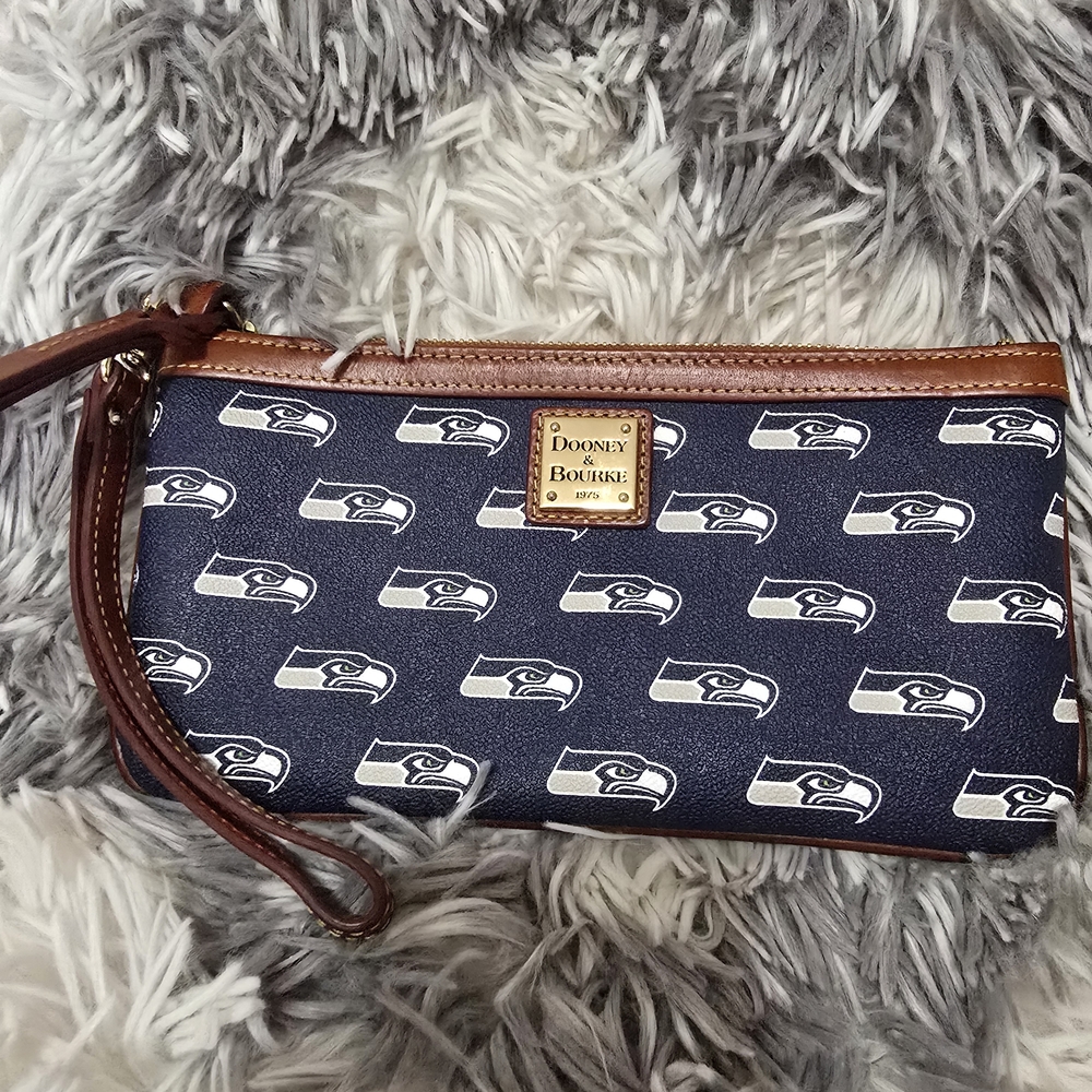 Dooney & Bourke Navy, White and Brown Seahawks Logo Wristlet